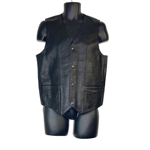 FMC Vintage Mens Black Leather Biker Vest Snaps Carry‎ Pockets Size 38 - Picture 1 of 8